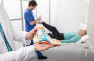Doctor holding anatomical foot model showing arch structure during foot arch pain consultation