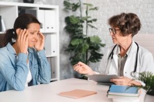 Exhausted patient consulting with chronic fatigue doctor about persistent tiredness symptoms