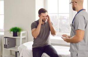 Fatigued male patient discussing fatigue and tiredness treatment options with healthcare provider