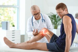 Medical team performing ultrasound-guided joint injection on patient's knee