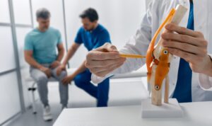 Doctor explaining knee anatomy using joint model during knee sprain treatment consultation