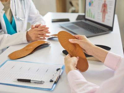 Specialist fitting patient for custom orthotics examining foot structure