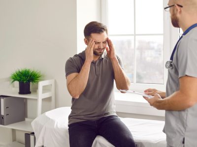 Fatigued male patient discussing fatigue and tiredness treatment options with healthcare provider