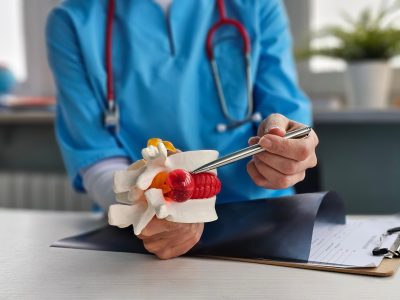 Doctor holding anatomical spine model demonstrating treatment for herniated disc condition
