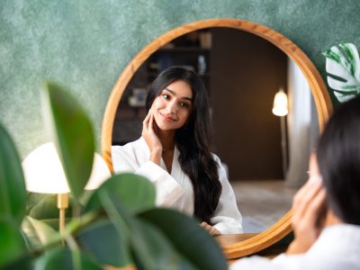 Woman looking in mirror touching healthy skin from collagen treatments
