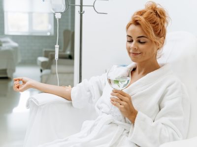 Relaxed woman receiving IV vitamin therapy infusion in comfortable setting