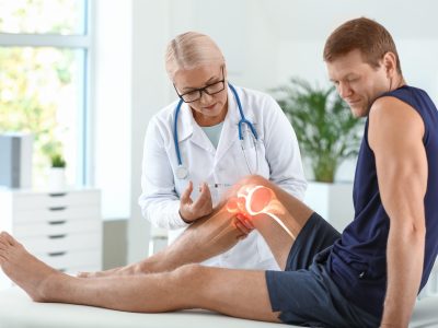 Medical team performing ultrasound-guided joint injection on patient's knee