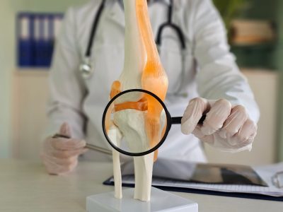 Doctor examining knee model showing meniscus anatomy during consultation