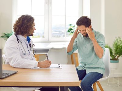 Patient discussing migraine symptoms with headache specialist