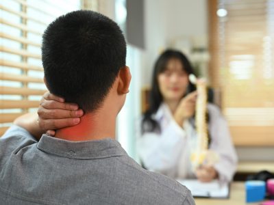 Patient consulting with neck pain specialist about treatment options