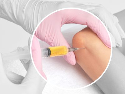 Medical provider administering stem cell injection to patient's knee