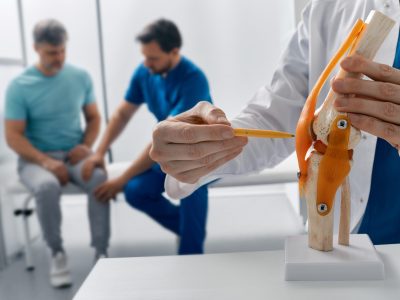 Doctor explaining knee anatomy using joint model during knee sprain treatment consultation